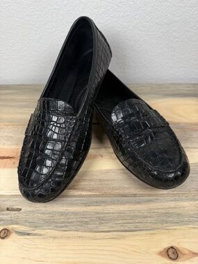 Born Malena Leather Croc Embossed Penny Loafers Black Women's Size 7 Beautiful!